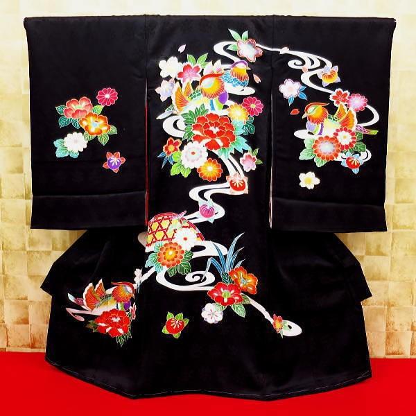 牡丹・鴛鴦（おしどり）・黒 女児 初着 祝着 のしめ 産着 女の子のお宮参り着物・高級フードセットプレゼント付