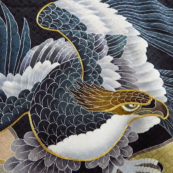 お宮参り用着物セット 鷹と雲デザイン 飛翔鷹・雲どりに宝尽くし・黒】男児 初着 祝着 のしめ 産着 男の子の