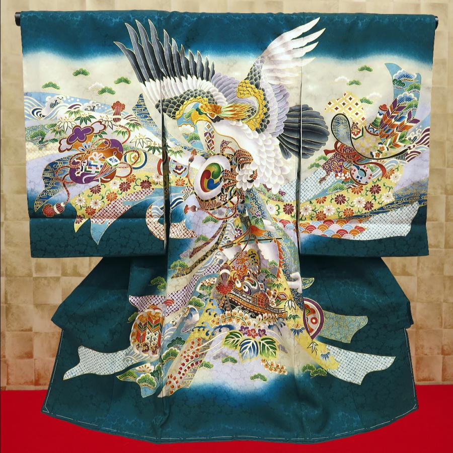 飛翔鷹・束ね熨斗・吉祥紋様・青竹色】男児 初着 祝着 のしめ 産着