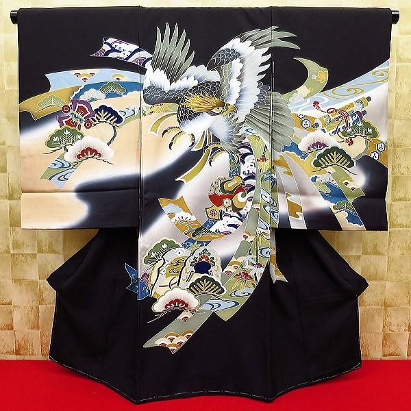 飛翔鷹・束ね熨斗・宝尽くし・黒 男児 初着 祝着 のしめ 産着 男の子のお宮参り着物・高級フードセットプレゼント付
