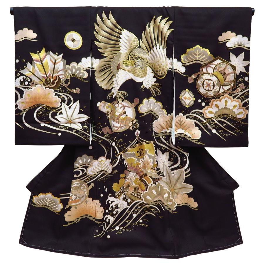 鷹・流水に宝船・松・黒】男児 初着 祝着 のしめ 産着 男の子の