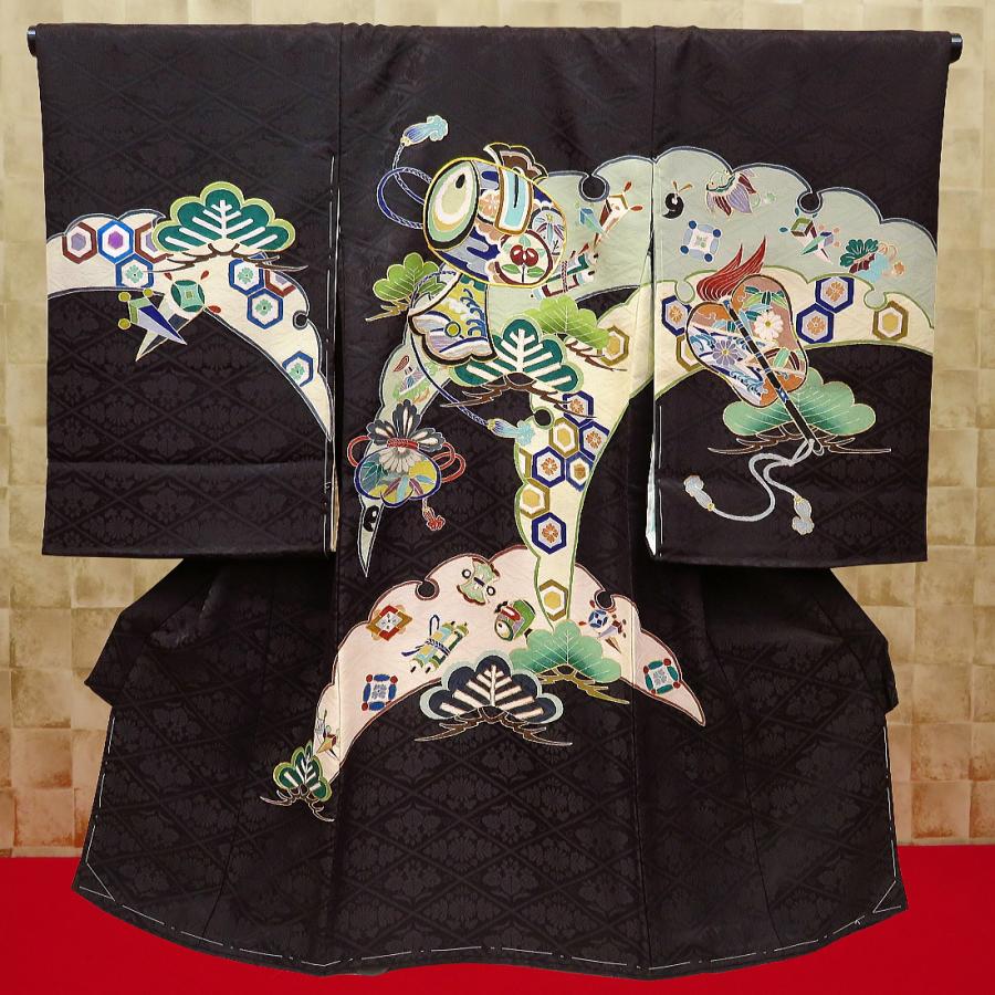 【宝尽くしに吉祥松・黒】男児 初着 祝着 のしめ 産着 男の子のお宮参り着物・高級フードセットプレゼント付_2