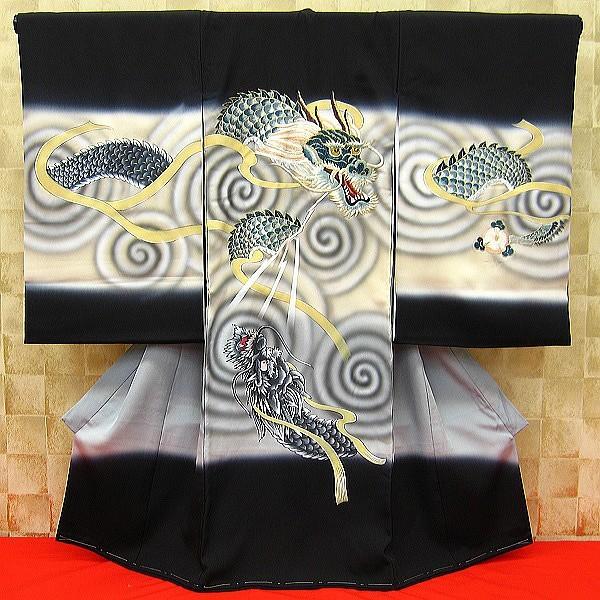 雲龍刺繍・黒・グレーベージュぼかし(緑青) 男児 初着 祝着 のしめ 産着 男の子のお宮参り着物・高級フードセットプレゼント付