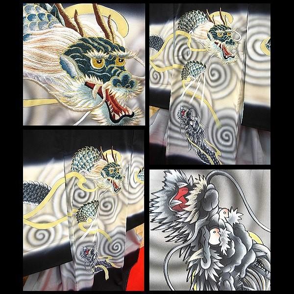 雲龍刺繍・黒・グレーベージュぼかし(緑青) 男児 初着 祝着 のしめ 産着 男の子のお宮参り着物・高級フードセットプレゼント付_1
