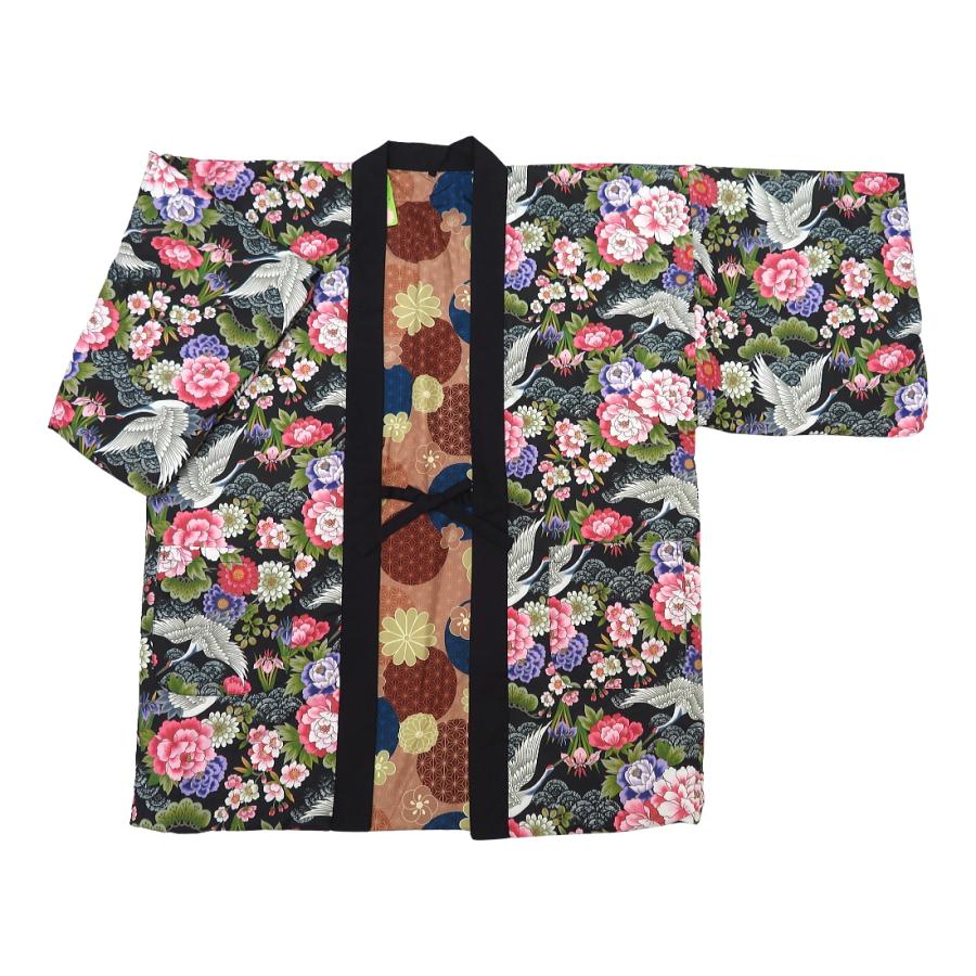 アンティーク和柄！綿入れ半纏リバーシブル（鶴と牡丹 黒）女性用