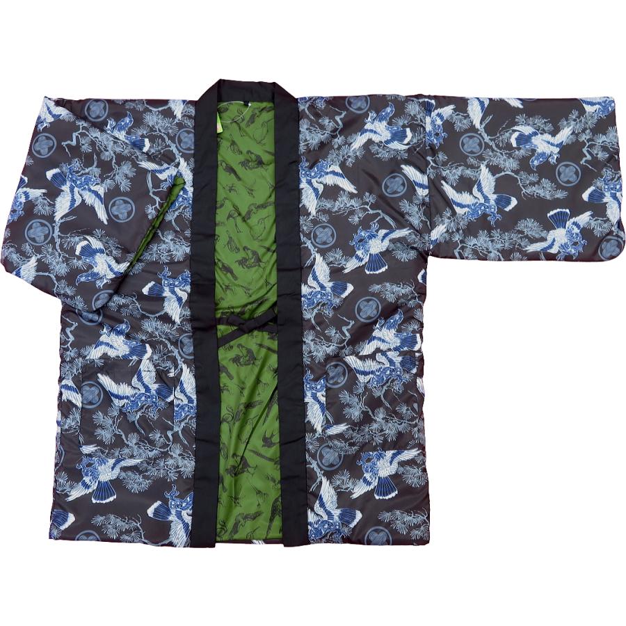 アンティーク和柄！綿入れ半纏リバーシブル（鷹と松・家紋 黒）男性用