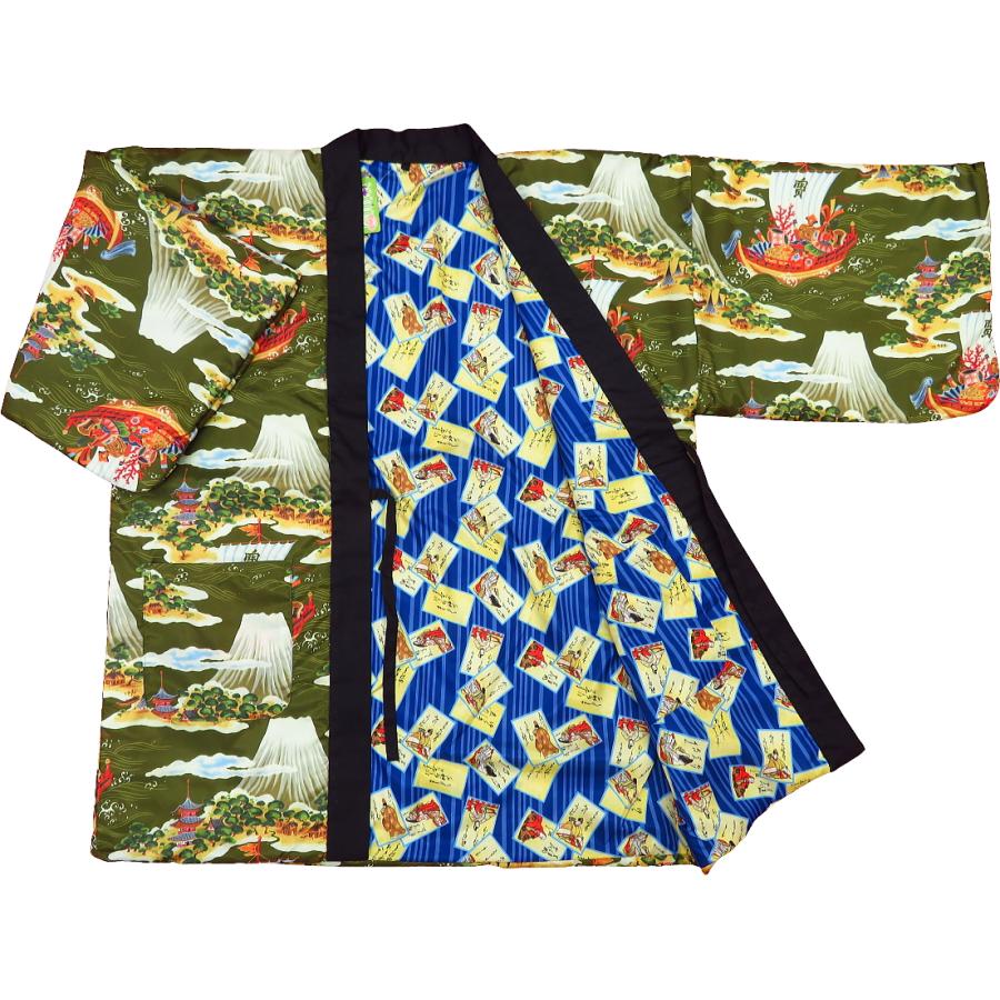 アンティーク和柄！綿入れ半纏リバーシブル（宝船と富士 カーキ）男性