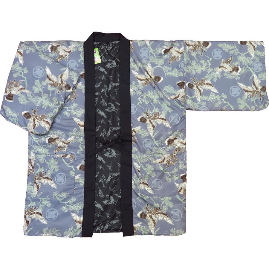 アンティーク和柄！綿入れ半纏リバーシブル（鷹と松・家紋 グレー