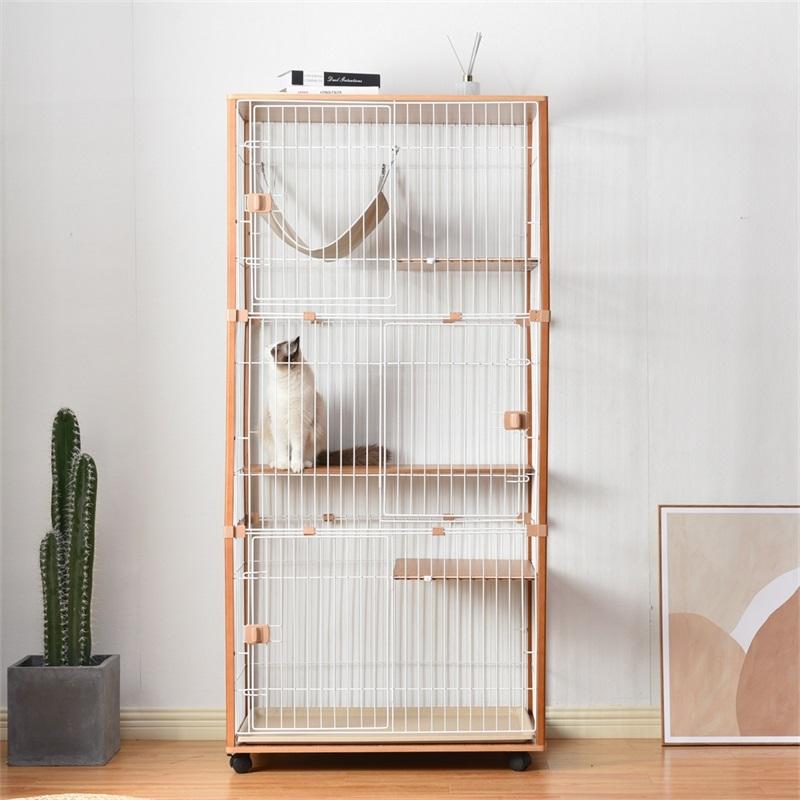 キャットケージ 三段 木製フレーム ハンモック付 広々 大型 猫ゲージ 高級感