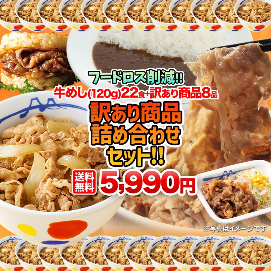 (1食200円！フードロス削減) 松屋 牛めし(120g)22食＋訳あり商品(8品)計30食が入ったお得な訳あり商品詰合せ福袋！ 訳あり 冷凍食品 賞味期限近い セット 非常食（Yahoo!・松屋フーズ公式 Yahoo!ショッピング店）