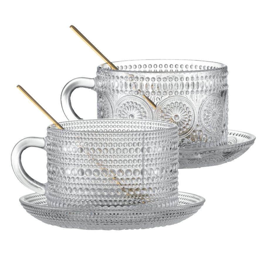 Gezzeny Vintage Coffee Mugs, Glass Coffee Mugs with Saucers 14 Oz Set