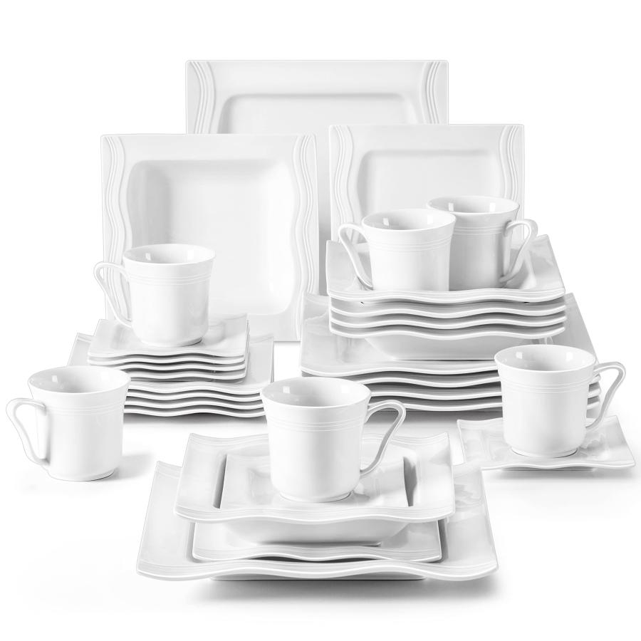 MALACASA Plates and Bowls Sets, Square Dinnerware Sets for 6 (30pcs