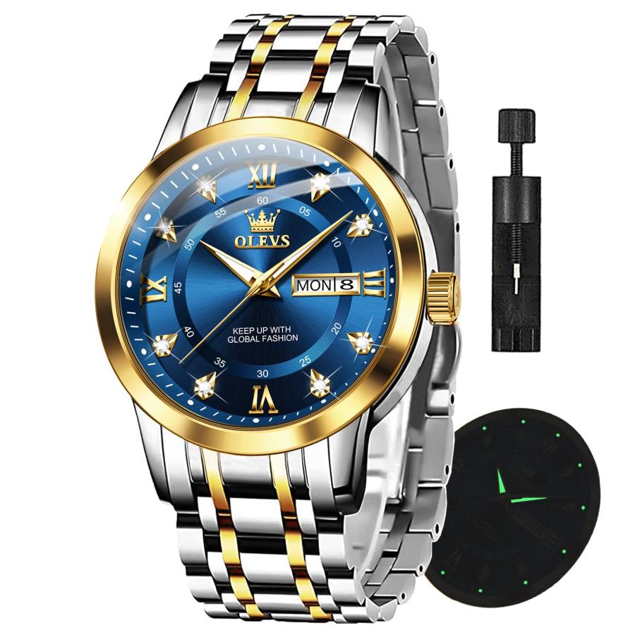 OLEVS Mens Watch with Blue Face Silver and Gold Watch Mens Stainless