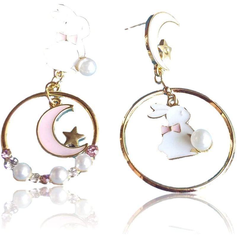正式的 アシンメトリー うさぎ ピアス レディース かわいい ピンク ゴールド アクセサリー 月 兎 ピアス Www We Job Com