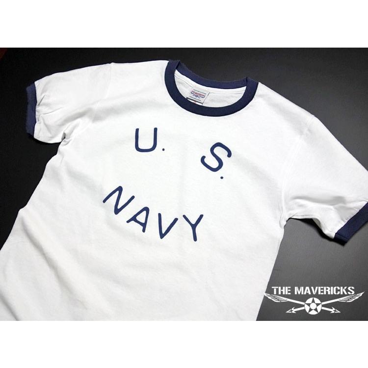 Tシャツ ロゴT US NAVY 米海軍 ロゴ ミリタリー トリム リンガー Ｔシャツ/白 紺 ネイビー｜mavericks｜03