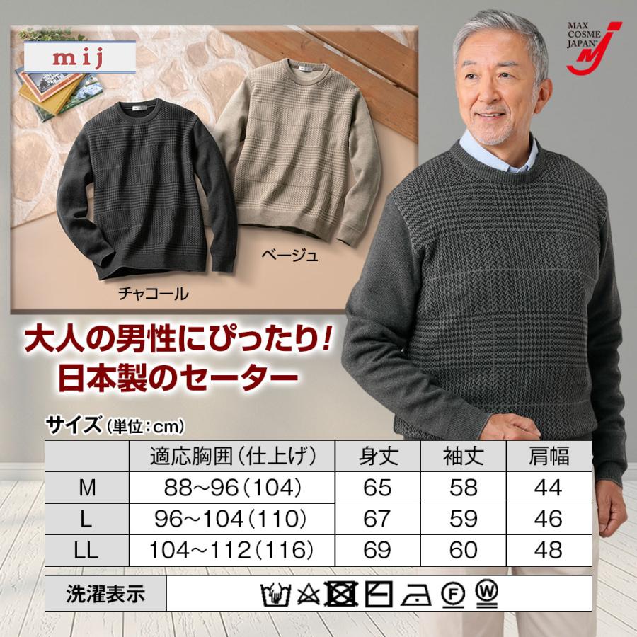 セーター メンズ ニット クルーネック グレンチェック柄 ジャカード 秋