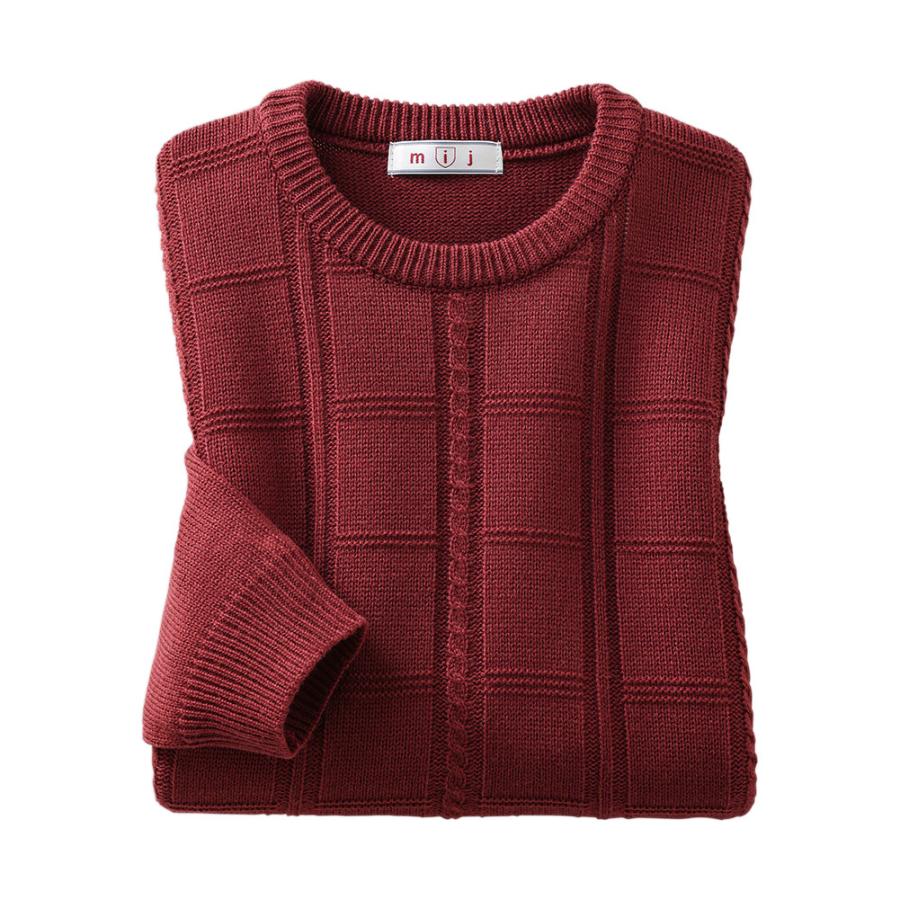 日本製 クルーネック セーター ウール混 長袖 メンズ 丸首 格子柄 冬