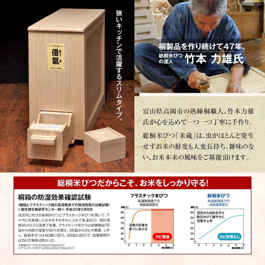 10kgタイプ】桐職人 竹本力雄作 総桐米びつ 細型 防湿 防虫 ライス