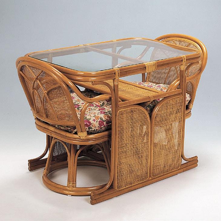 天然籐 ダイニング3点セット ラタン ガラステーブル チェア 椅子 2脚