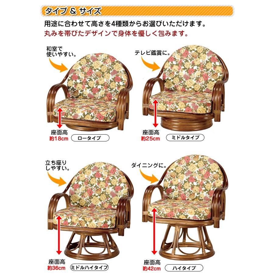天然籐 高座椅子 回転イス チェア 椅子 いす ラタン 肘掛け 花柄