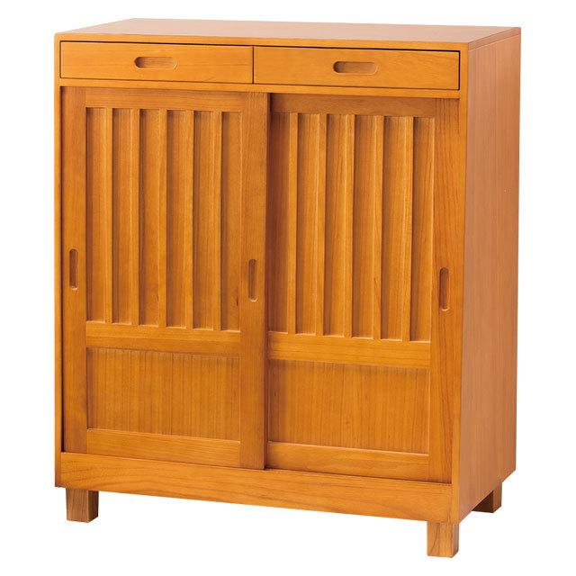 下駄箱 木製 引き戸 2枚扉 シューズラック シューズボックス 引き出し付き 可動棚 天然木 桐 和風 引戸 格子デザイン 玄関収納 | 