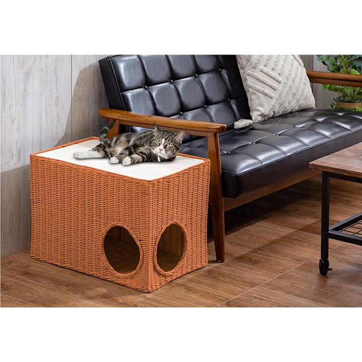 ソファサイドキャットハウス 猫ベッド 洗える ラタン風 涼しい ボックス型 カゴ バスケット 穴付き キャットベッド クッション付き |  | 04