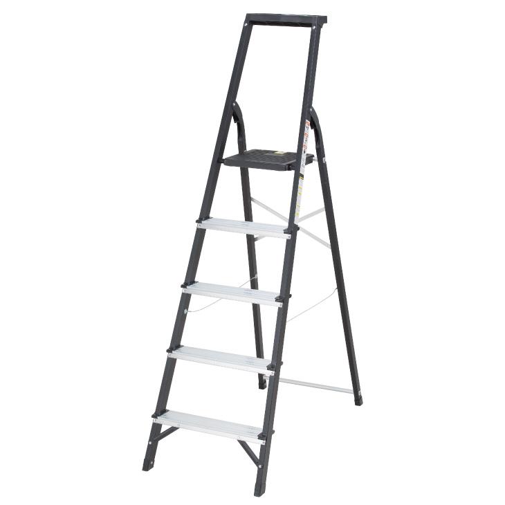 脚立 5段 アルミ幅広ステップ スチールフレーム 踏み台 トレー付き 折りたたみ | 