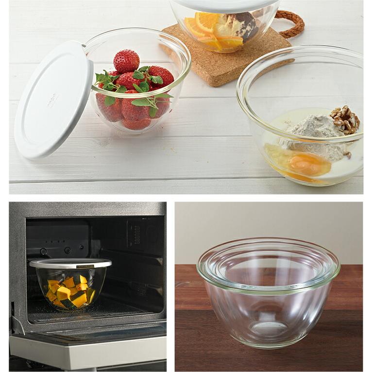 HARIO ハリオ 耐熱ガラスボウル 3個セット レンジフタ付き 円型 調理用ガラスボウル 水切り口 保存容器 電子レンジ・オーブン対応 食洗機対応 日本製 | HARIO | 10