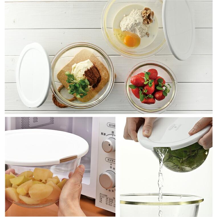 HARIO ハリオ 耐熱ガラスボウル 3個セット レンジフタ付き 円型 調理用ガラスボウル 水切り口 保存容器 電子レンジ・オーブン対応 食洗機対応 日本製 | HARIO | 04