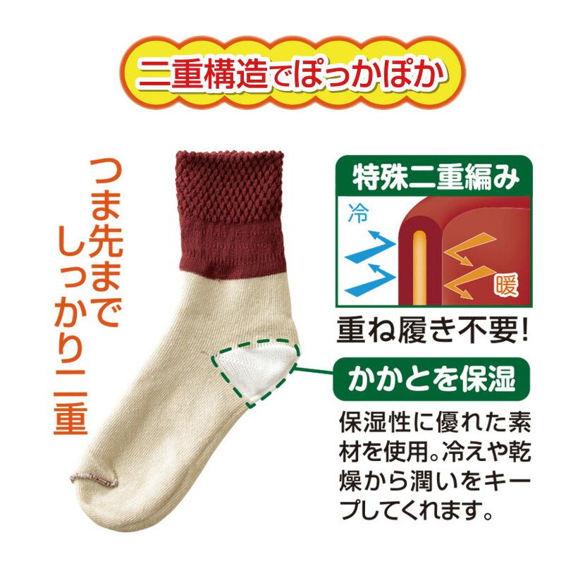 あったか靴下 3色6足組 二重編み 内側シルク シルク混 かかとケア 潤い 保湿 締め付けない パイナップル編み 冷え性対策 暖かい 22-24.5cm セット |  | 04