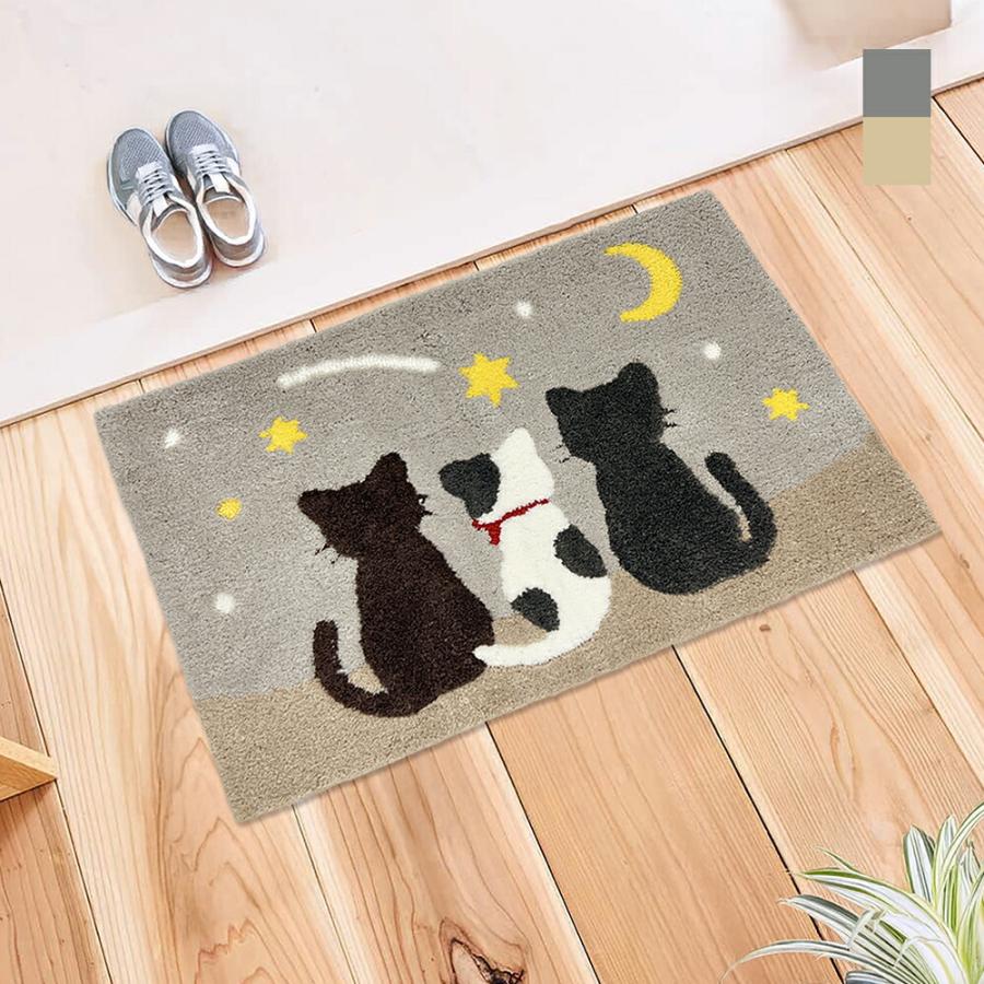 可愛い ふかふか 玄関マット 45×70cm ネコ柄 猫 Cat neko 3匹 おしゃれ 月 夜 モチーフ | 