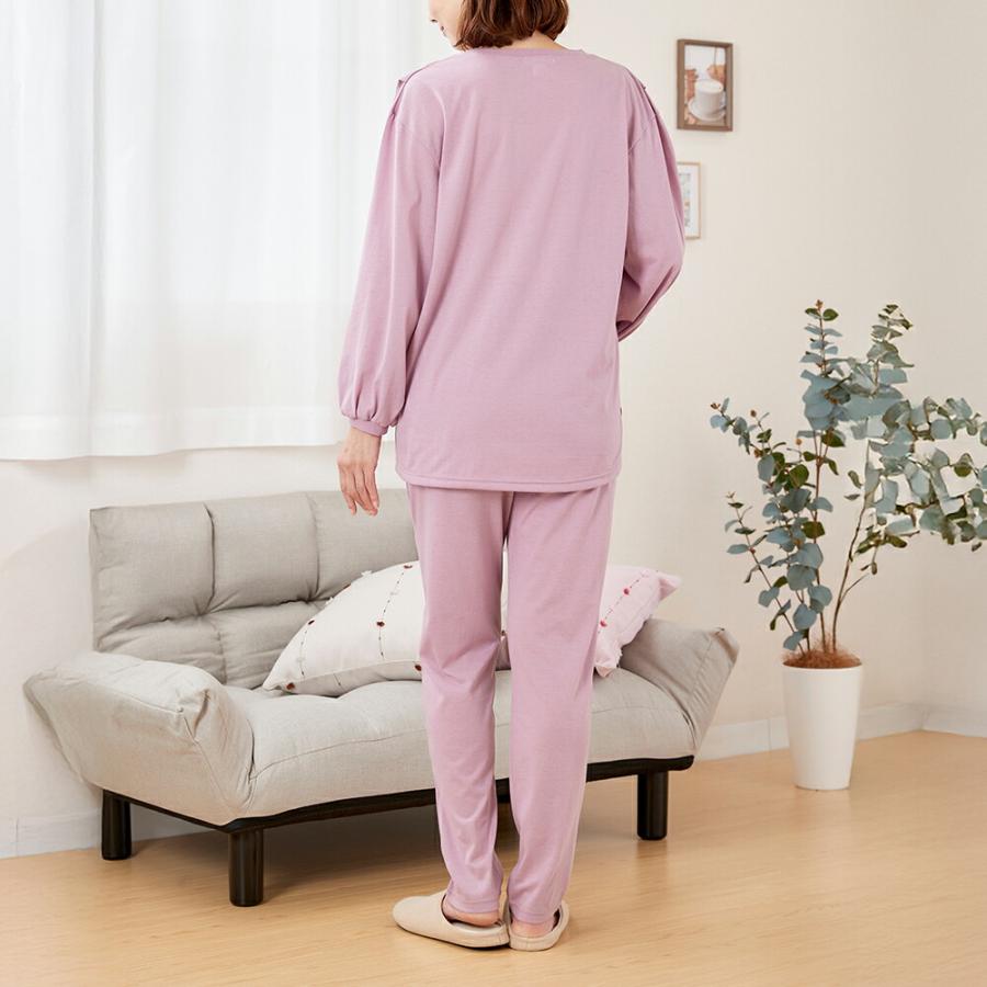 婦人綿混やわらか長袖ホームウエア2色組 ピンク・ブルーグリーン レディース パジャマ ルームウェア ホームウェア 長袖 2色組 綿混 部屋着 女性 上下セット |  | 03