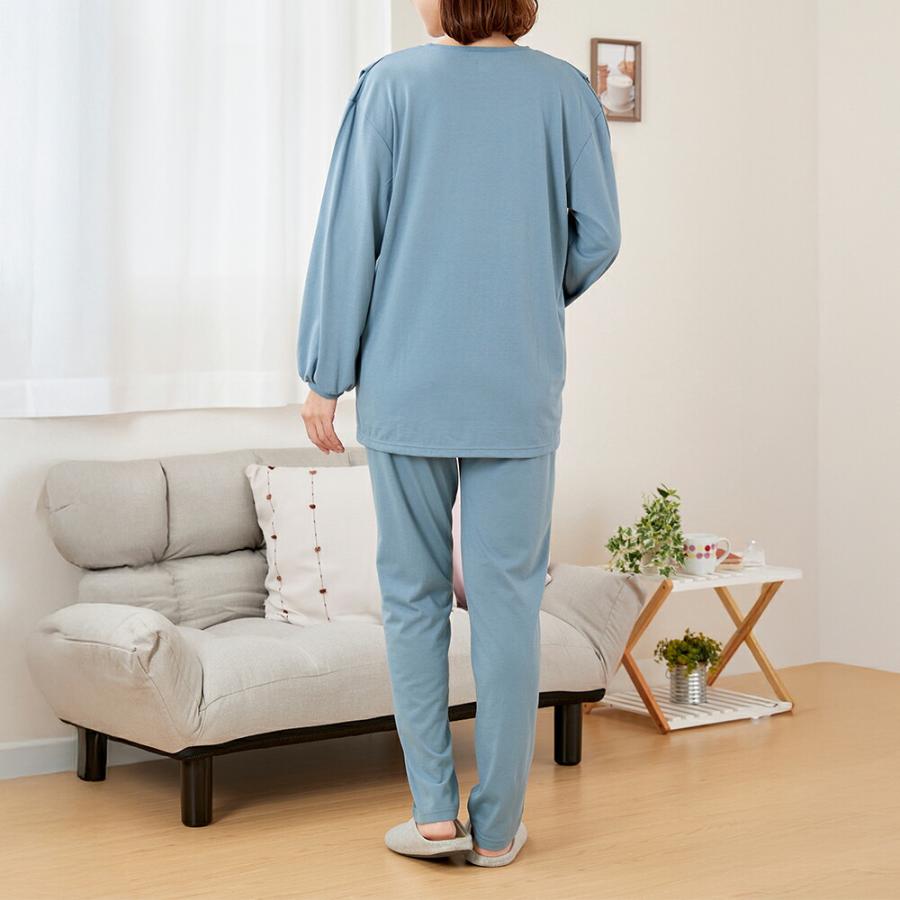 婦人綿混やわらか長袖ホームウエア2色組 ピンク・ブルーグリーン レディース パジャマ ルームウェア ホームウェア 長袖 2色組 綿混 部屋着 女性 上下セット |  | 04