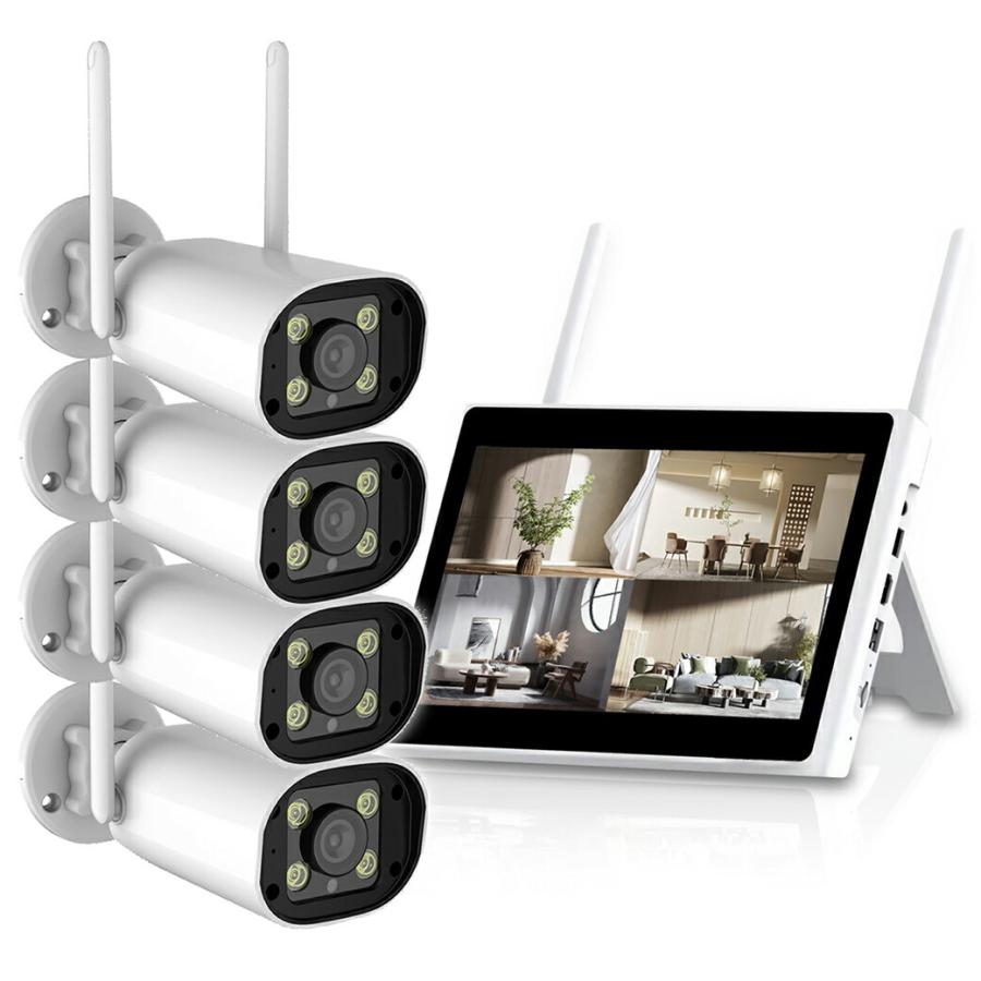ワイヤレス防犯カメラ10.1インチモニター＆カメラ4台セット 防犯カメラ ワイヤレス 4台セット 工事不要 10.1インチ モニター付き 500万画素 屋外 遠隔監視 防水 | 