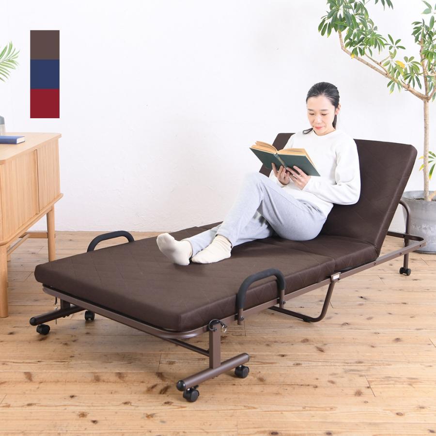 折りたたみベッド セミシングル 省スペース 手すり付き リクライニング 高反発 キャスター | 