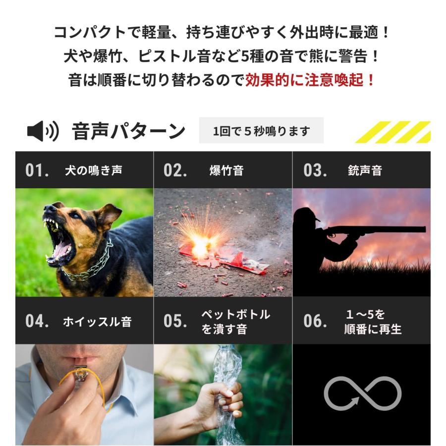 熊よけLEDアラート 熊よけ アラート LEDライト 防犯ブザー 大音量 登山 護身 撃退 爆竹音 銃声 充電式 Type-C アウトドア 2026 防災 獣害対策 |  | 08