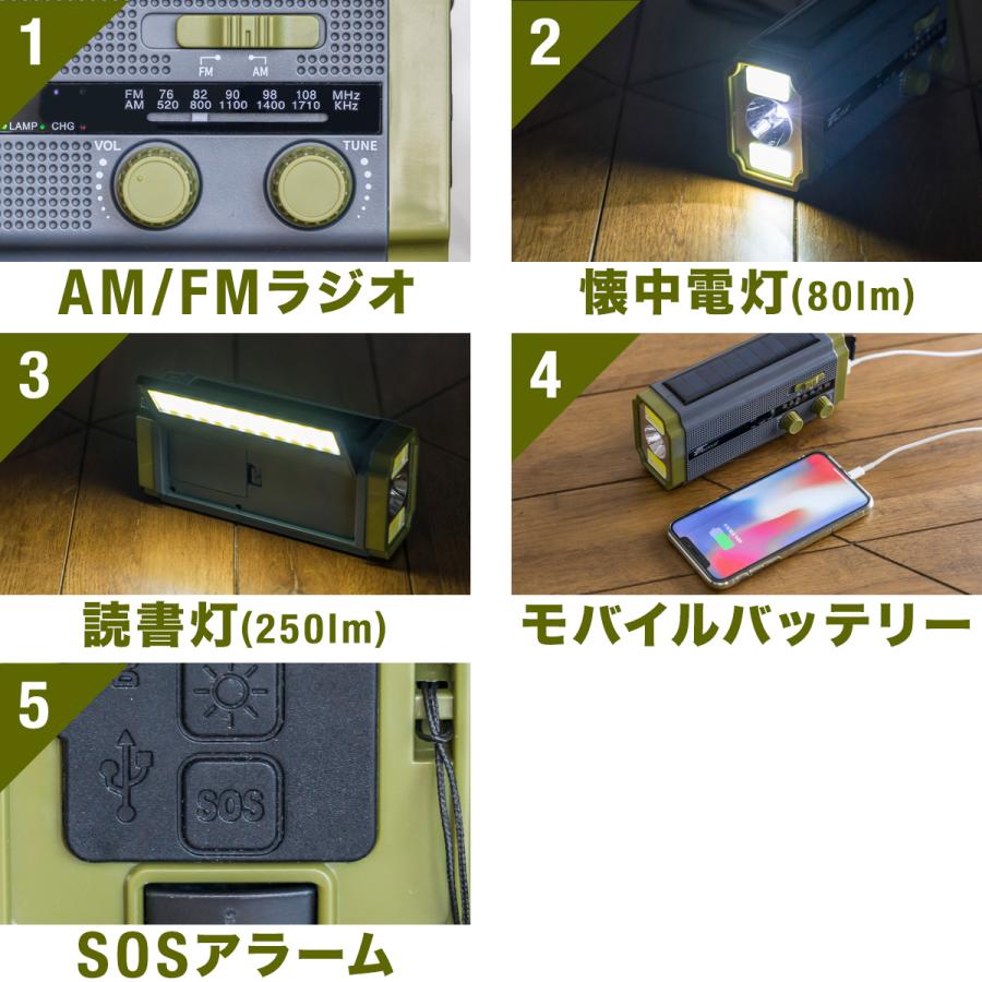 防災ラジオ 多機能 スマホ充電 大容量4500mAh 乾電池 手回し ソーラー