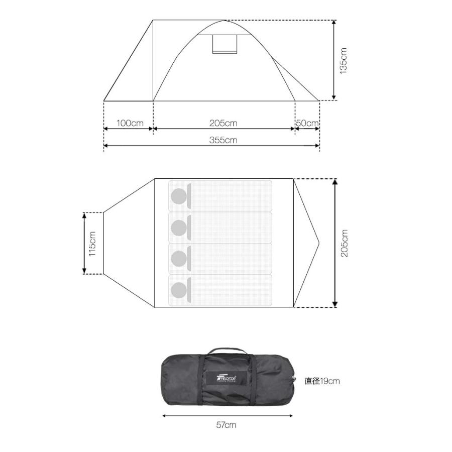 FIELDOOR テント 4人用 ドームテント 200x200cm ドーム型 UV