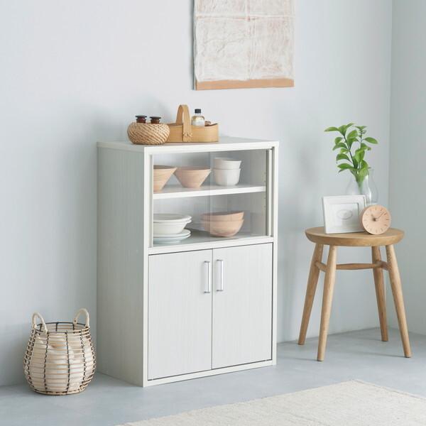 白井産業 FUL-8055DG WH ガラス引戸と木製扉のシンプル食器棚 フルニコ