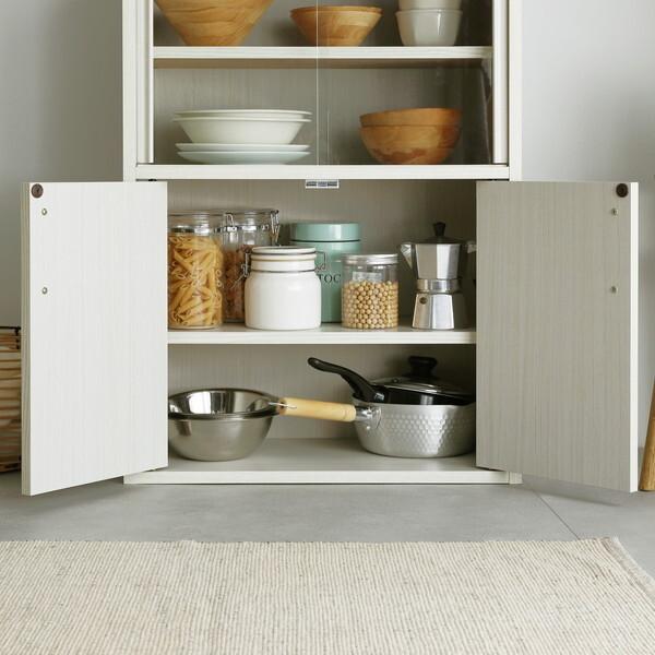 白井産業 FUL-8055DG WH ガラス引戸と木製扉のシンプル食器棚 フルニコ