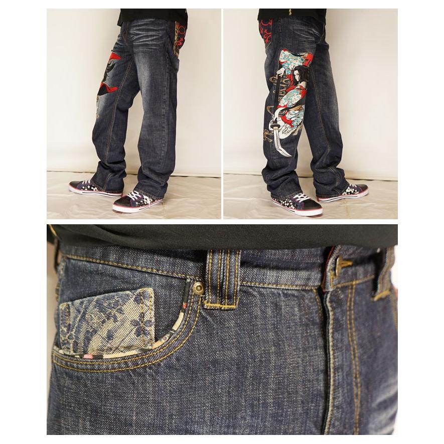 絡繰魂 抜刀娘 バットウムスメ 和柄 ジーンズ デニム メンズ 総刺繍 結