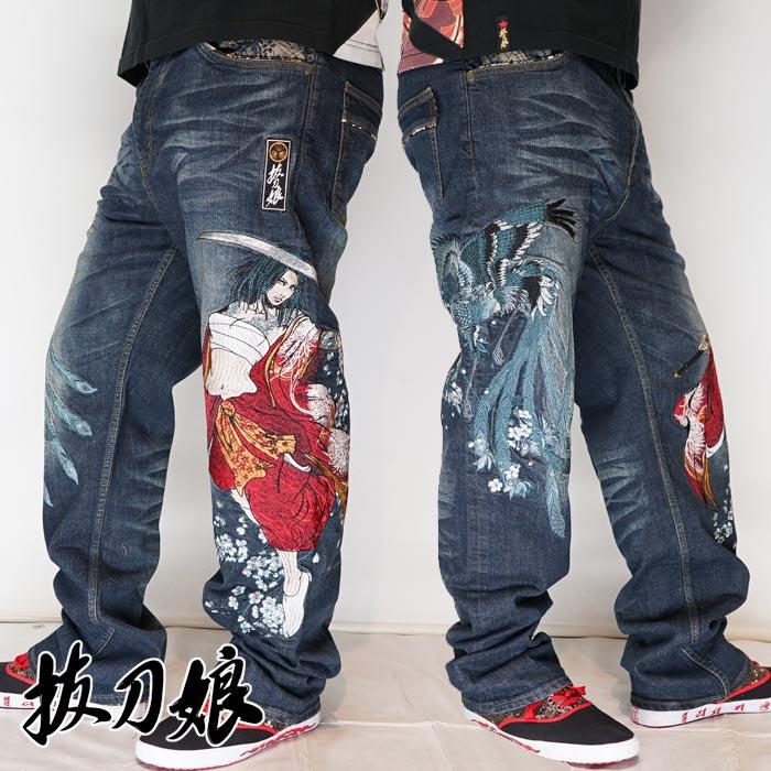 絡繰魂 抜刀娘 バットウムスメ 和柄 ジーンズ デニム メンズ 総刺繍 葵