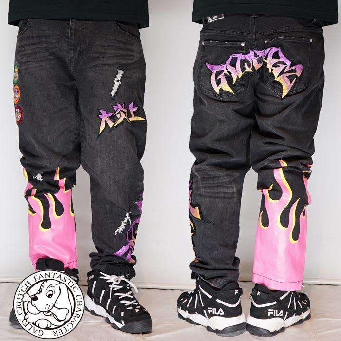 【希少デザイン】ガルフィー☆バックロゴデニムベスト スタッズダメージ加工 即完売 GALFY（ガルフィー） ジーンズ デニム ストレッチ ツイル 犬 大炎上