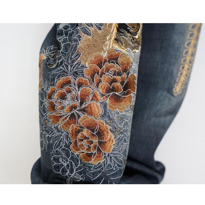 絡繰魂 カラクリダマシイ 和柄 ジーンズ デニム メンズ 総刺繍 金狼