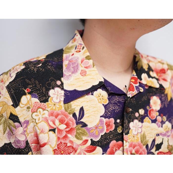 ✈レトロ　Romantic Mocha　桜柄　半袖アロハシャツ　紺ピンク　M　麻 Romantic Standard - ✈レトロ Romantic Mocha 桜柄 半袖アロハシャツ