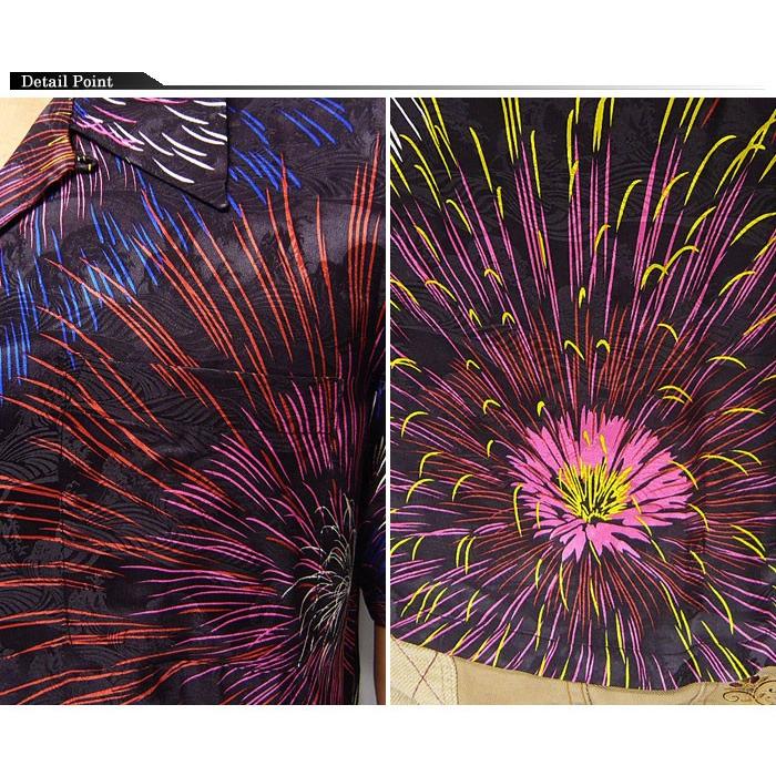 花旅楽団[ハナタビガクダン] 花火柄 ハワイアンシルク アロハシャツ/和柄半 花旅楽団[ハナタビガクダン] 花火柄 ハワイアンシルク アロハシャツ/和