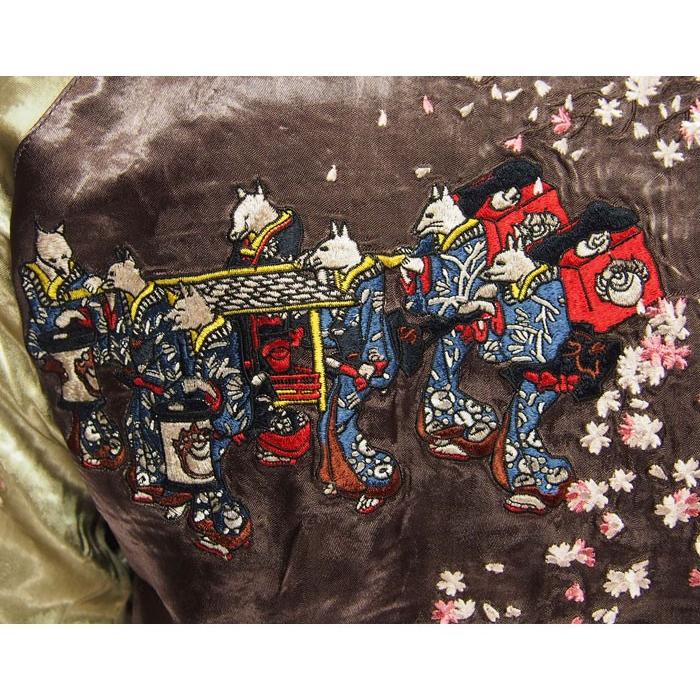 花旅楽団 リバーシブル スカジャン XL 月と狐の刺繍 花旅楽団[ﾊﾅﾀﾋﾞｶﾞｸﾀﾞﾝ] 月紅葉狐柄 刺繍 リバーシブル 和柄スカジャン