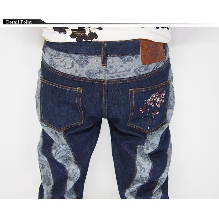 花旅楽団[ハナタビガクダン] 桜刺繍 切り換え 和柄ジーンズ/デニム