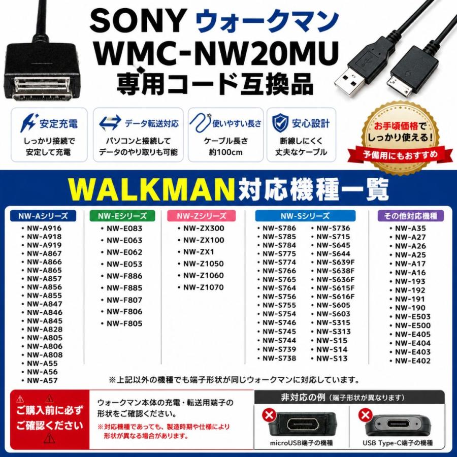 互換品 SONY ウォークマン 充電ケーブル USB充電 NWシリーズ対応 USB
