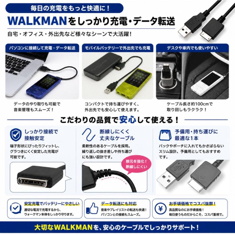 互換品 SONY ウォークマン 充電ケーブル USB充電 NWシリーズ対応 USB